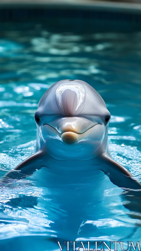 Central frontal dolphin portrait in high‑contrast pool lighting