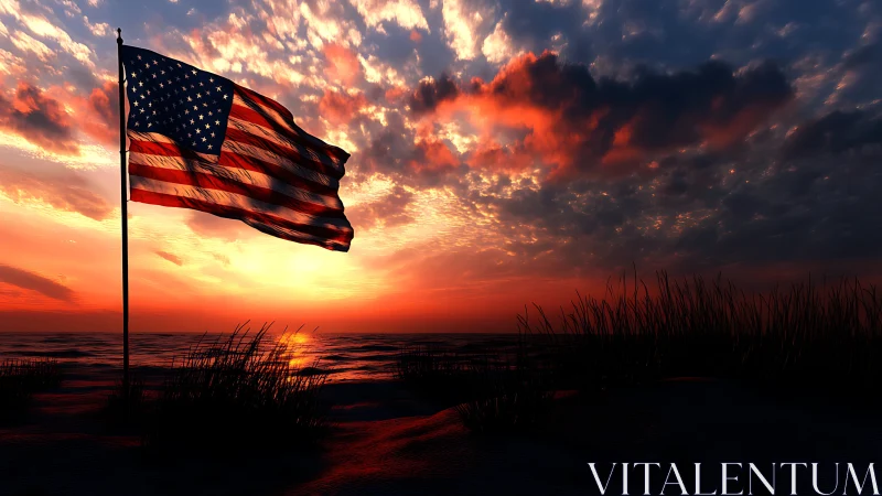 Sunlit American flag waving softly over a glowing shore.
