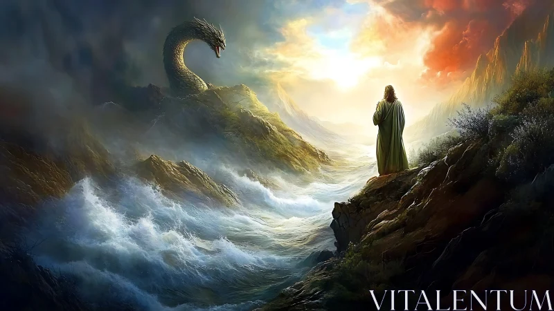 Mystic robed figure confronts sea serpent amid stormy dawn.
