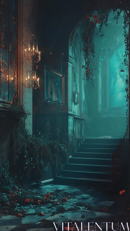 Moonlit decay in a grand haunted staircase hall.