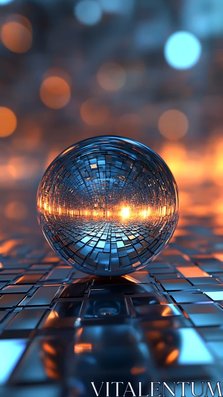 Glowing data-sphere hovering over molten chrome mosaic floor.