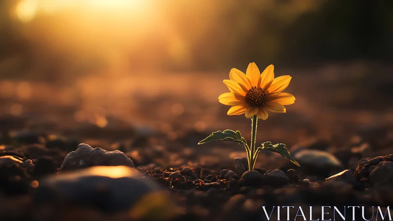 Single yellow flower in rocky soil under warm backlight.