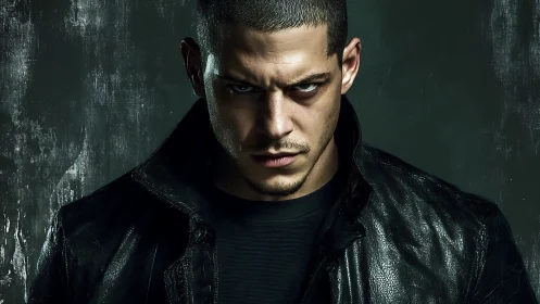 Intense man stares forward wearing black leather jacket