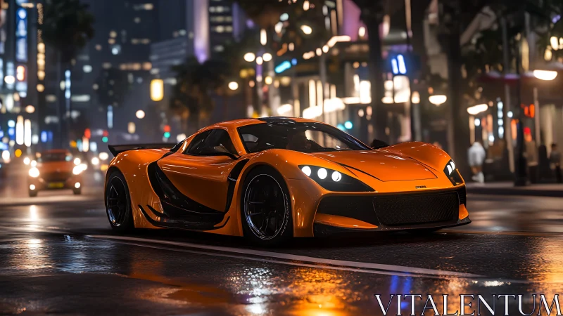 Photorealistic supercar on neon city boulevard at night.