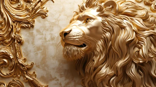 Ornate golden lion sculpture in luxurious baroque art style.