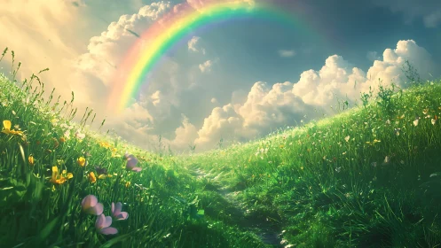 Curved meadow path extends beneath dense clouds and rainbow