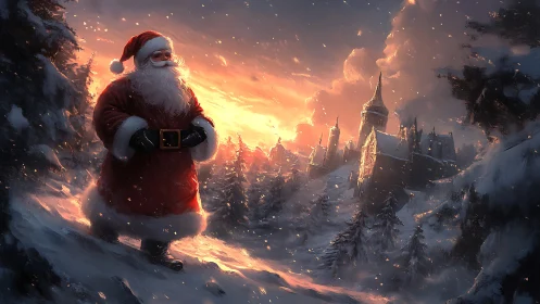 Santa in rim-lit snowfield observes castle at blazing winter sunset