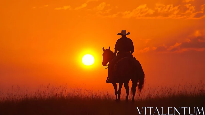 Cowboy silhouette on horseback against vivid prairie sunset.