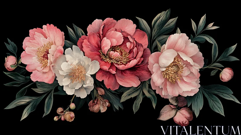 Botanical Peony Arrangement on Dark Background.