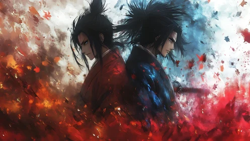 Dual samurai silhouettes divide fire-warm and ice-cool abstract fields