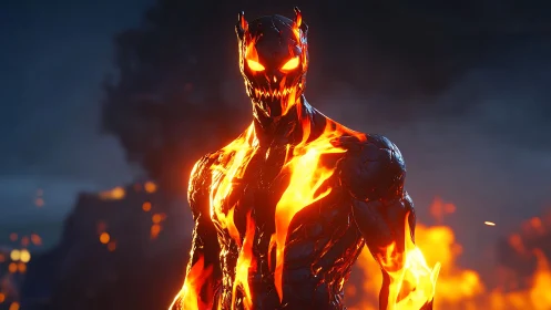 Molten demon warrior emerges from blazing inferno at dusk.