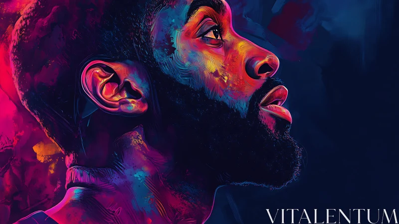 Profile portrait of male subject in neon digital colors.