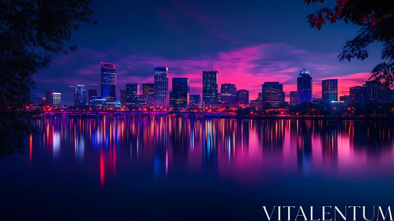Neon skyline hush over mirror-still midnight river glow.