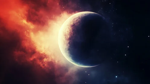 Crescent planet adrift in ember-bright cosmic surf.