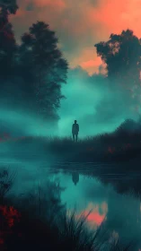 Solitary silhouette in neon dusk fog by mirror-still river.