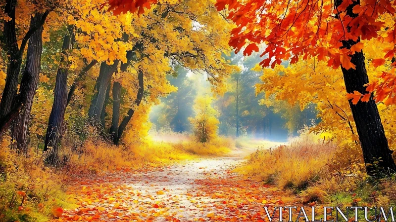 Luminous Autumn Canopy: Golden Forest Pathway in Fall.