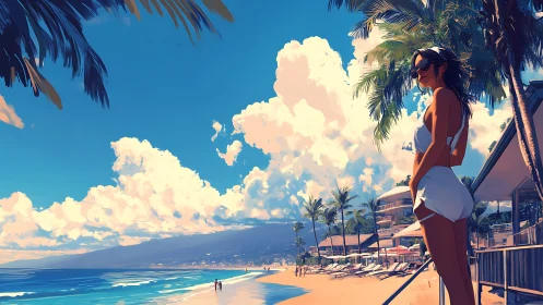 Coastal atmospheric perspective with stylized sunlit observer.