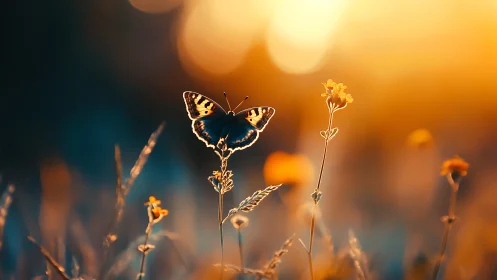 Macro capture of butterfly in sunset backlit bokeh field.