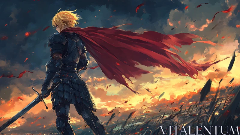 Lone armored hero gazes over a burning sunset battlefield