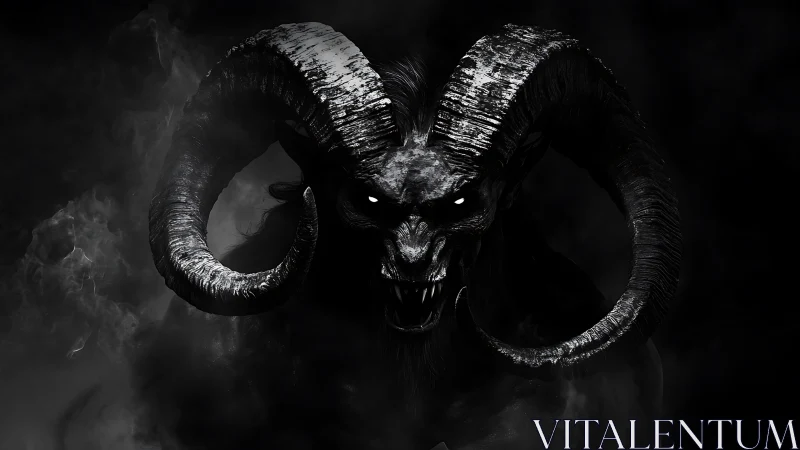 Midnight horned nightmare leans from smoke with burning eyes