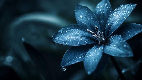 Blue Flower Petals Covered in Dewdrops and Water Droplets