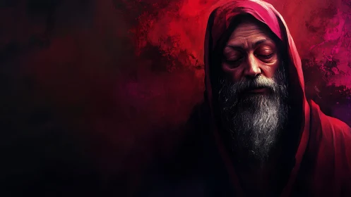 Elderly hooded mystic rendered in dramatic red chiaroscuro