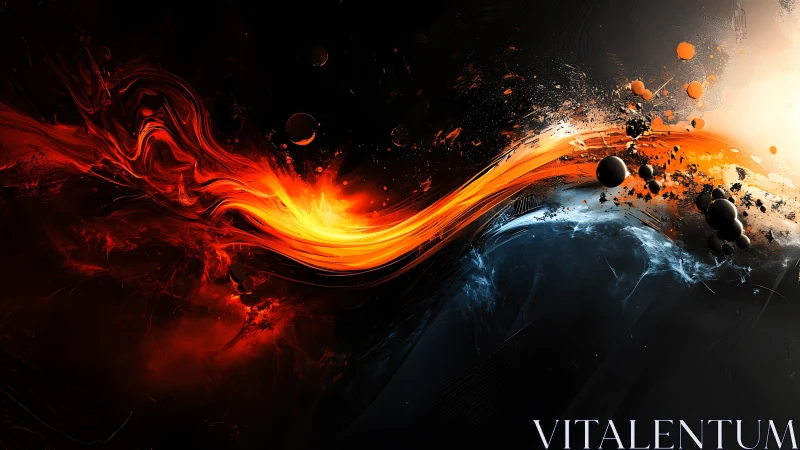 Abstract red and blue energy streams with particle forms.