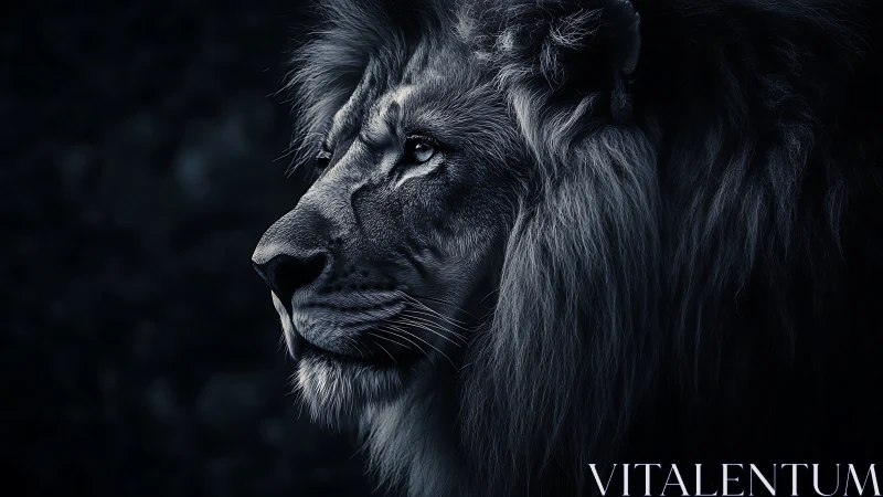 Nocturnal lion portrait in dramatic sidelighting profile.