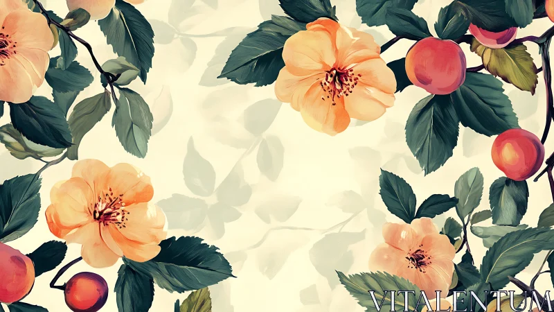 Garden Blooms in Soft Peachy Tones and Deep Green Leaves.