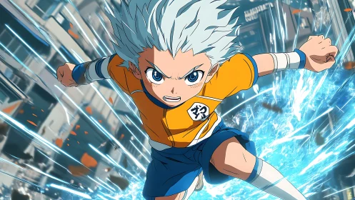 Determined anime hero racing forward in a burst of energy.