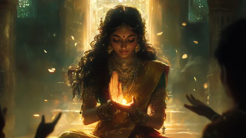 Digital painting of luminous goddess figure in ritual ambience.