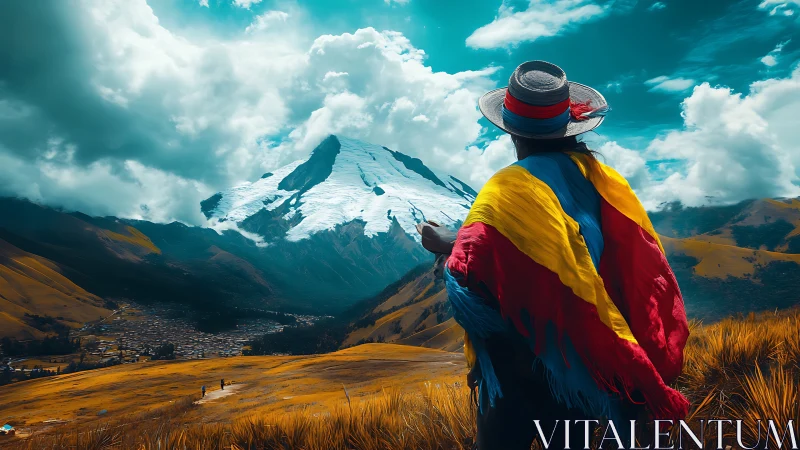 Photorealistic Andean traveler with flag against glacial massif.