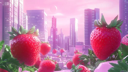 Colossal strawberries dominate a neon pink futuristic cityscape
