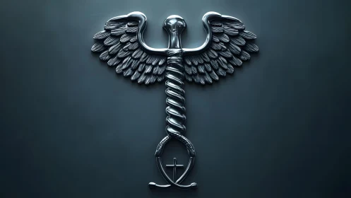 Metallic caduceus symbol with wings in modern 3D style.