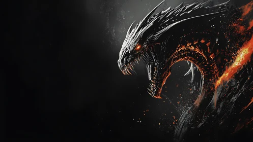 Fire-breathing dragon silhouette emerges from dark background