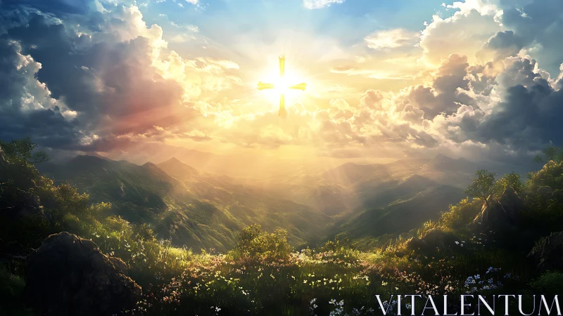 Sunlit mountain valley with symbolic cross-shaped light beams.