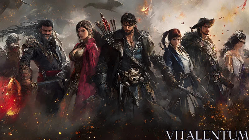 Fantasy warrior party stands in smoky battlefield lineup