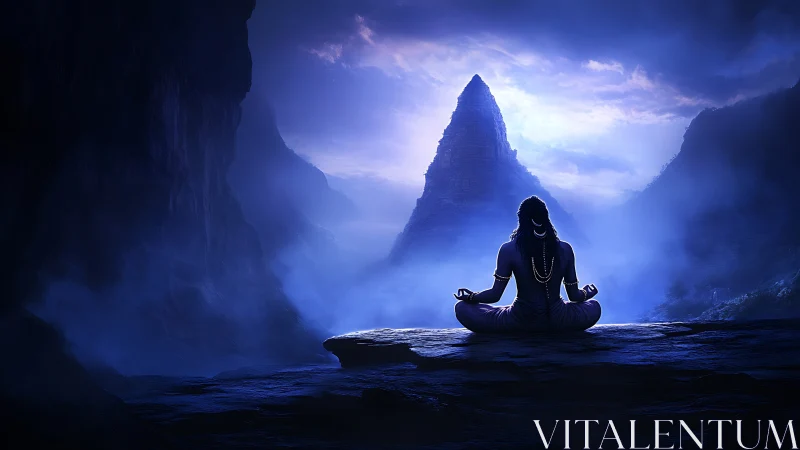 Meditating yogi overlooks misty mountain peak at dawn