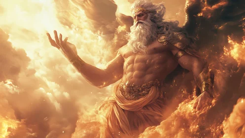 Mythic sky god emerging from blazing celestial clouds.