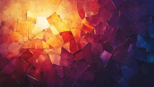 Abstract stained glass pattern with vivid warm and cool tones.