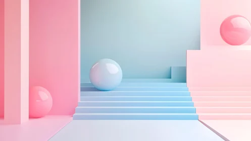 Pastel stairway playground where glossy spheres quietly drift.