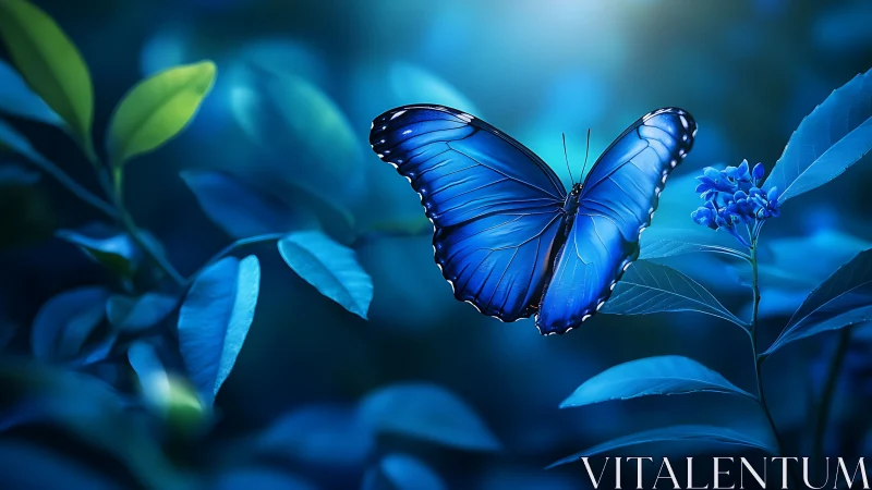 Iridescent blue butterfly hovers in atmospheric bokeh forest