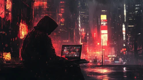 Lone hooded coder in a neon soaked midnight cityscape.