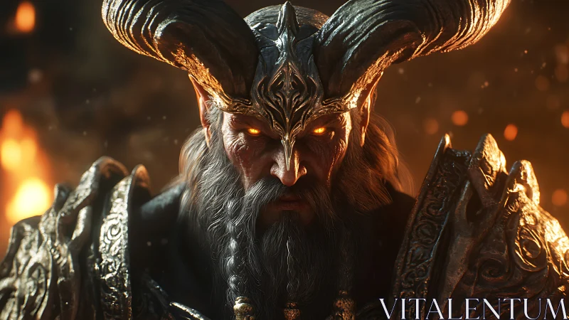 Horned demon warlord glares through molten inferno light