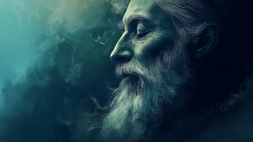 Digital painting portrait of elder sage in atmospheric profile.