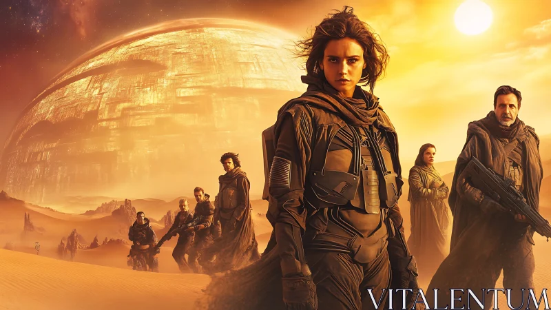 Sun-scorched nomad squad before a colossal golden sphere.