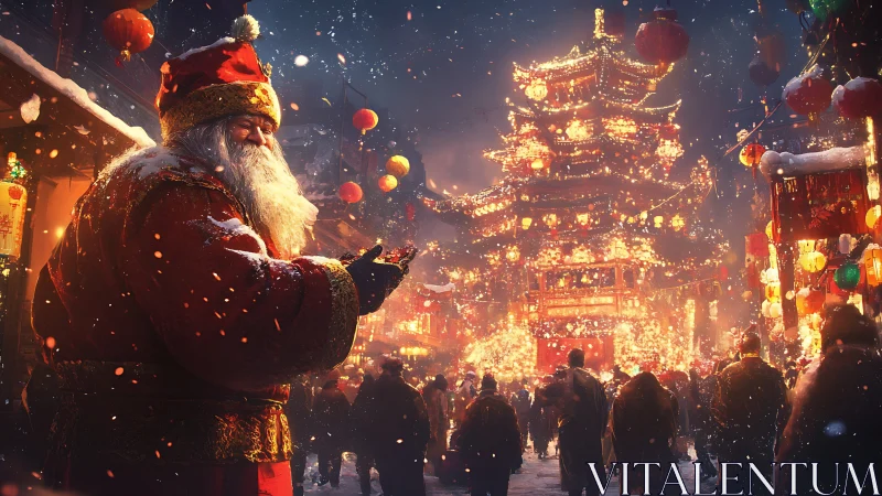 Santa in red robe amidst glowing Asian pagoda festival.