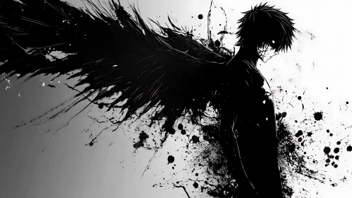Ink-splintered fallen angel broods in a storm of shadows.