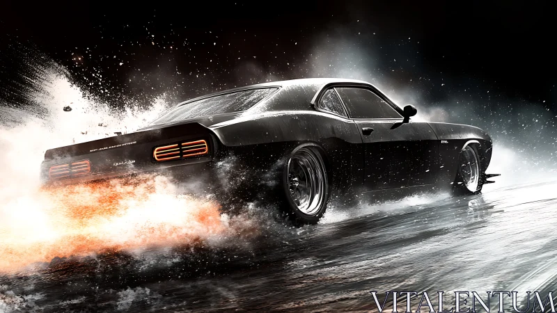 Muscle car roaring through rain and sparks under night skies.