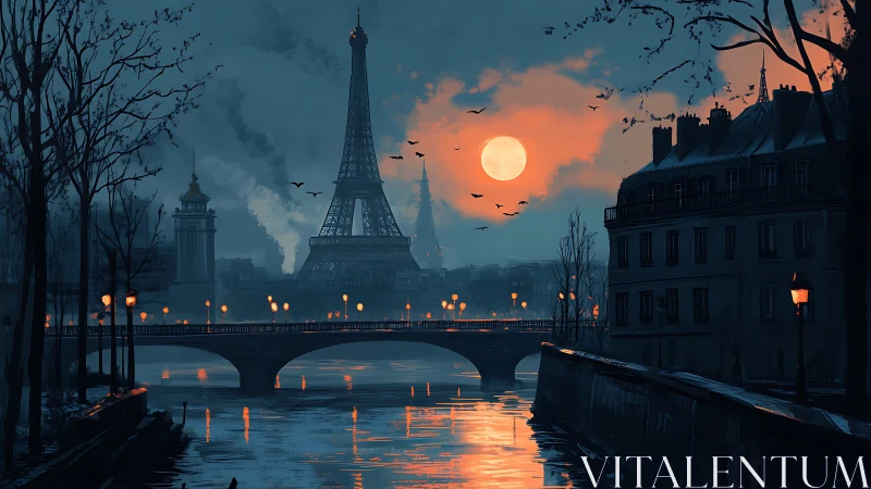 Paris riverside at dusk with Eiffel Tower and full moon.